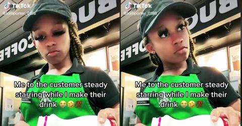 Starbucks Barista customer staring making drink