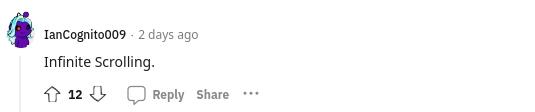 A commenter saying "Infinite Scrolling" about the thread on addictions