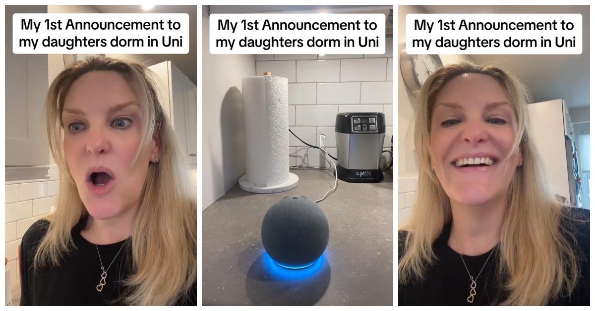 TikToker @realfionao uses Alexa to make announcements and talk to her daughter in her college dorm room.