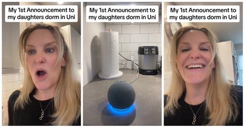 TikToker @realfionao uses Alexa to make announcements and talk to her daughter in her college dorm room.