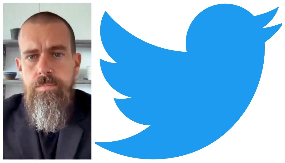 (L-R): Jack Dorsey on a Zoom call; Twitter logo