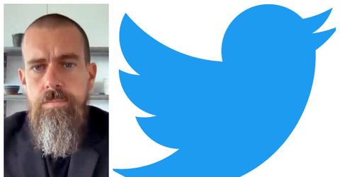 (L-R): Jack Dorsey on a Zoom call; Twitter logo