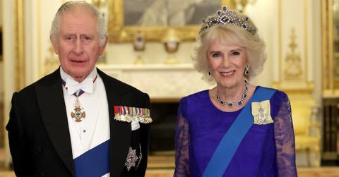 Camilla, Queen Consort and King Charles III during the State Banquet at Buckingham Palace on November 22, 2022 in London, England.