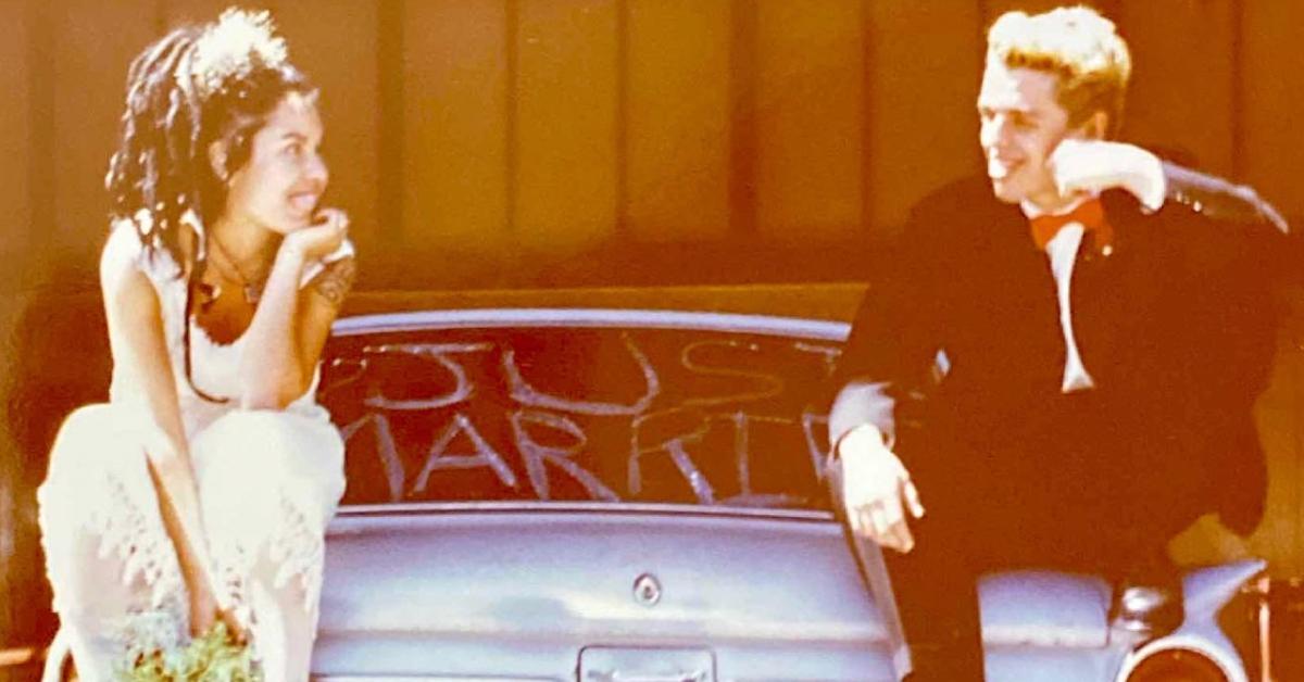 Billie Joe Armstrong (R) and his wife Adrienne Armstrong (L) on their wedding day