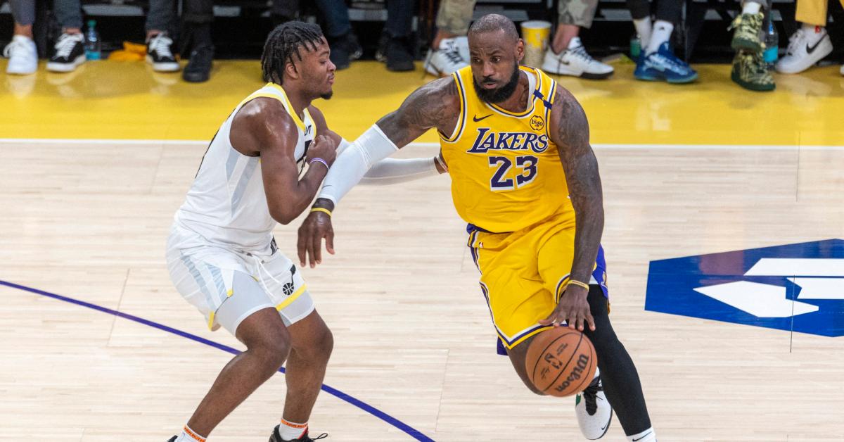LeBron James drives past Utah Jazz's Lauri Markkanen on Feb. 10, 2025.