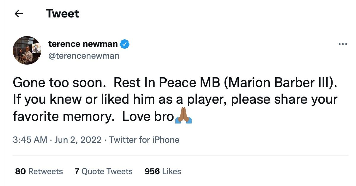 A tweet about Marion Barber III's passing