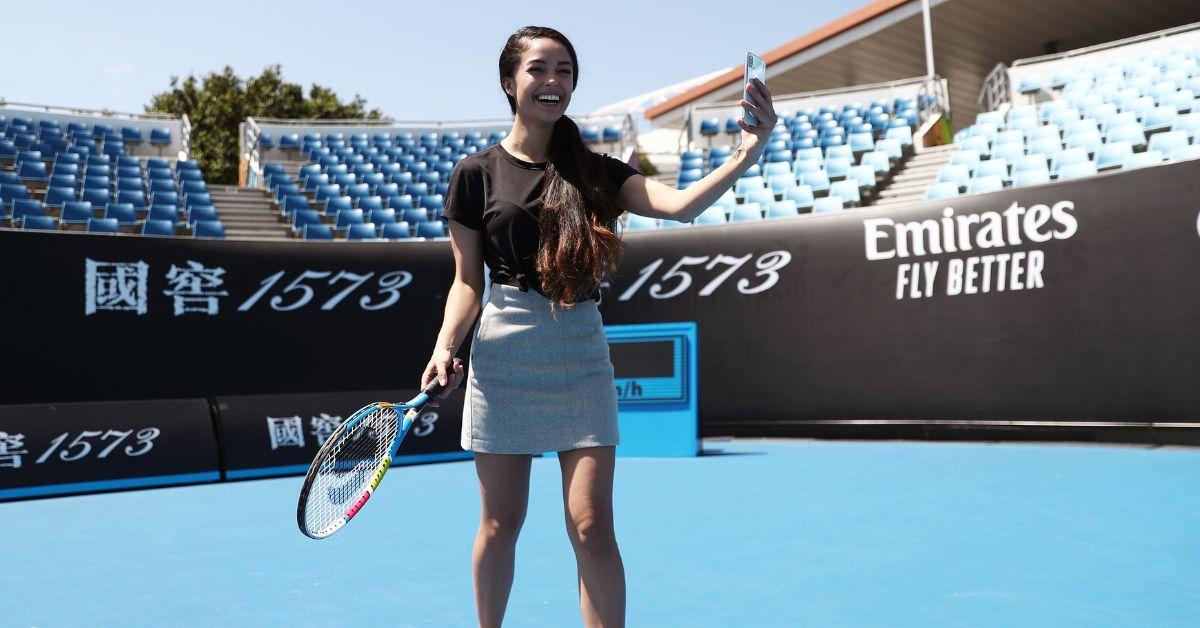 Valkyrae plays tennis while taking a selfie ahead of the Fortnite Summer Smash