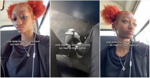 A girl made paper sandals after her shoes were stolen at school.