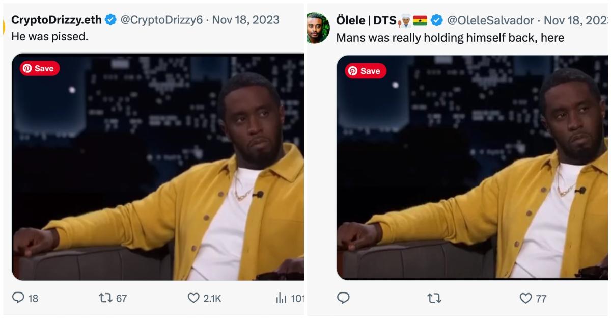 Screenshots of fans reacting to Diddy on Jimmy Kimmel