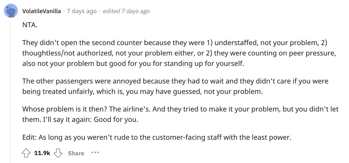 NTA Comment about airline giving away guy's seat