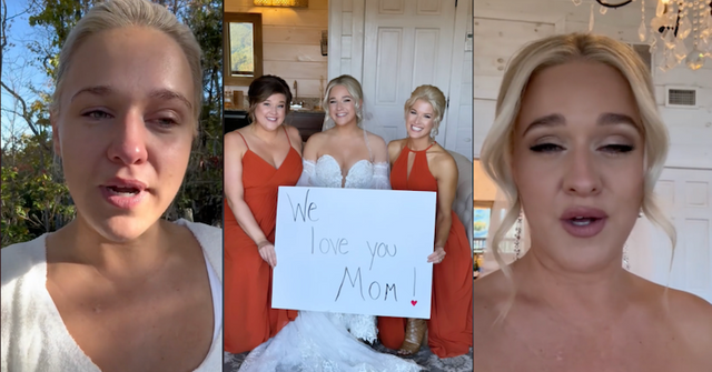 bride holding sign for mom on wedding day