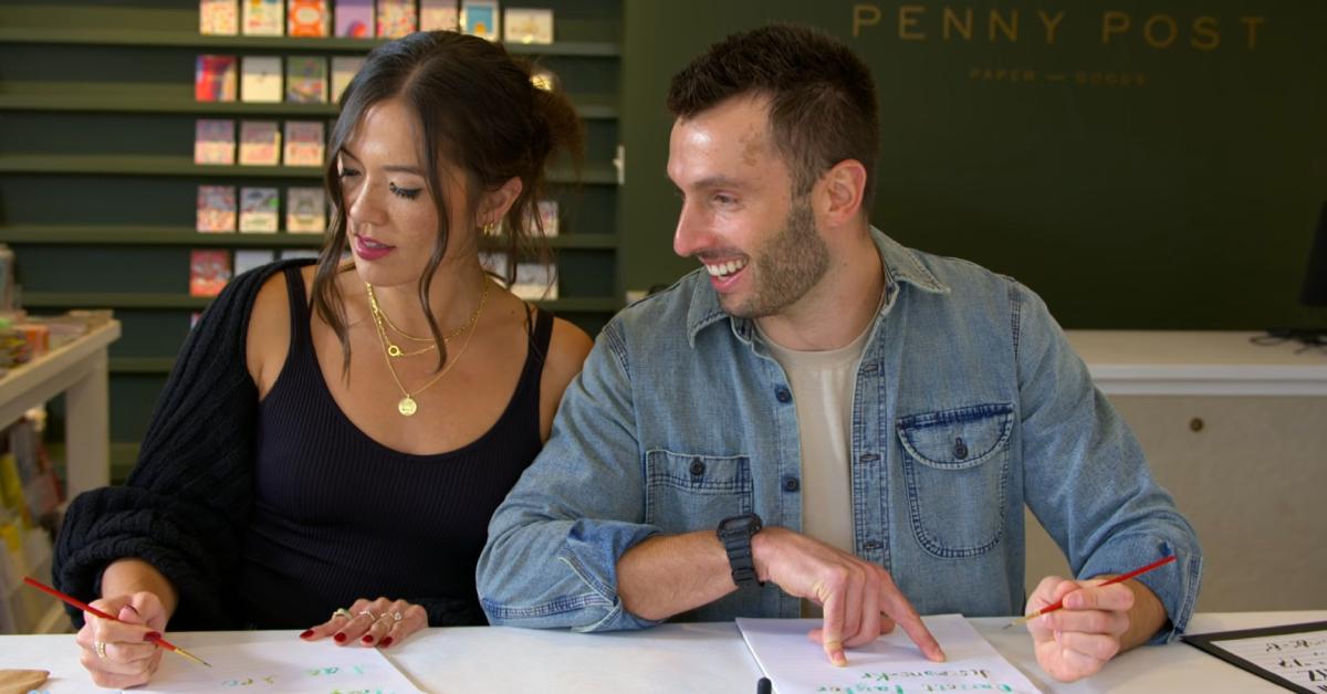 Taylor and Garrett at the calligraphy shop on 'Love Is Blind.'