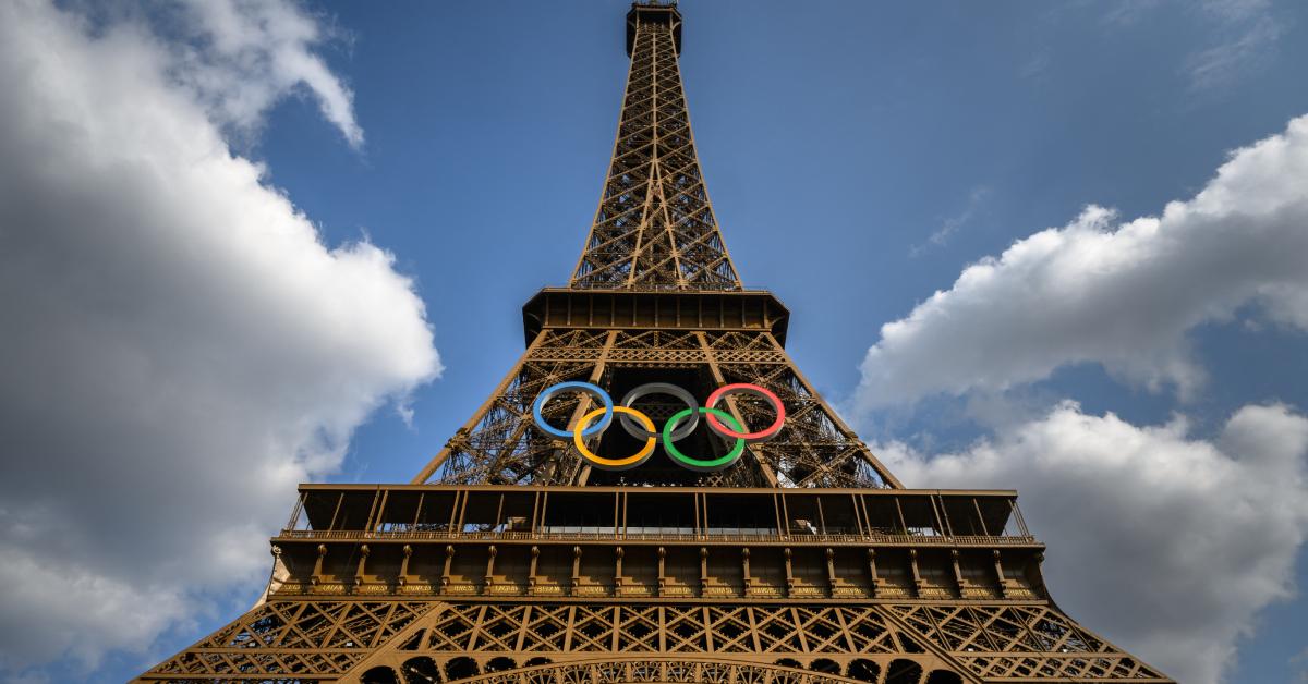 A photo shows the Olympic rings on the Eiffel Tower ahead of the Paris 2024 Olympic Games