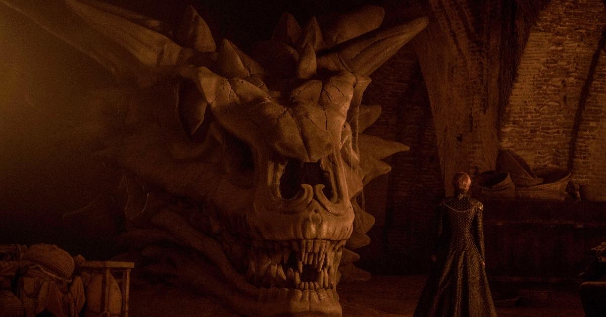 Cersei below the Red Keep with Balerion's skull on Game of Thrones