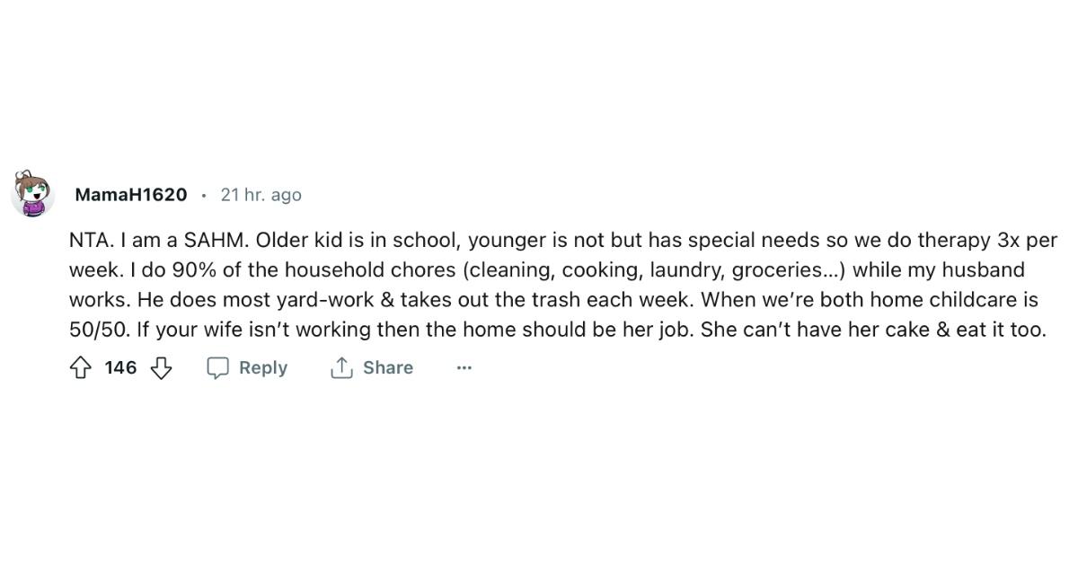 A Reddit commenter agreeing that the wife should do more housework or rejoin the workforce