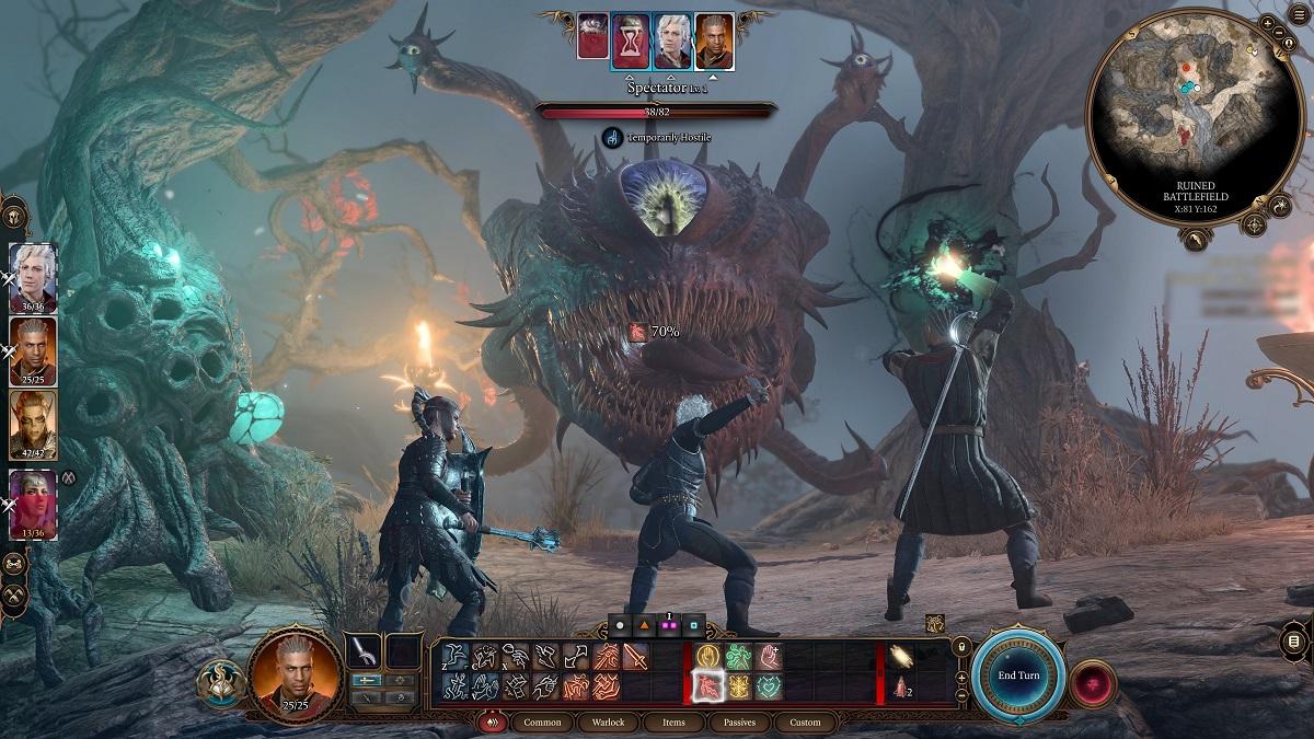 'Baldur's Gate 3' Close-up of companions fighting an enemy with multiple eyes.