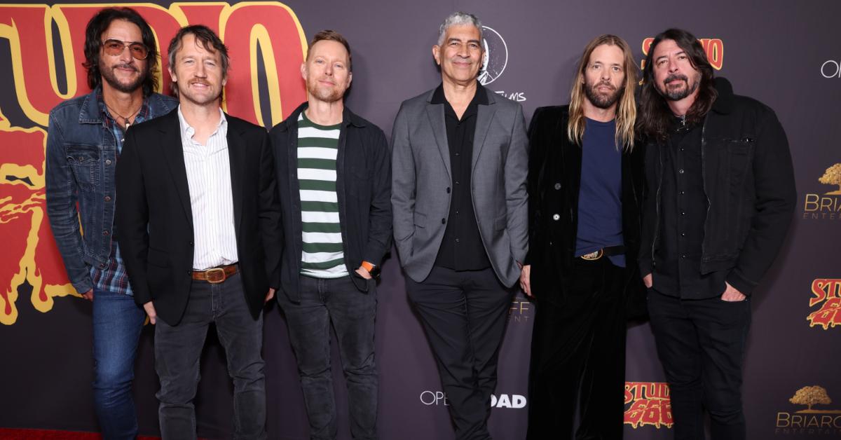 Rami Jaffee, Chris Shiflett, Nate Mendel, Pat Smear, Taylor Hawkins, and Dave Grohl of Foo Fighters attend the Los Angeles premiere of "Studio 666" at TCL Chinese Theatre on February 16, 2022 in Hollywood, California. (