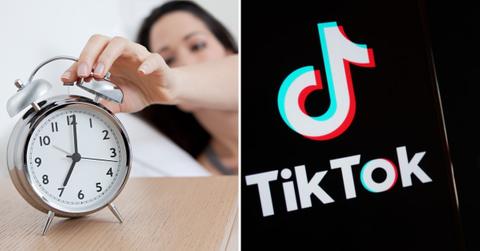 A woman turning off her alarm clock and the tiktok logo