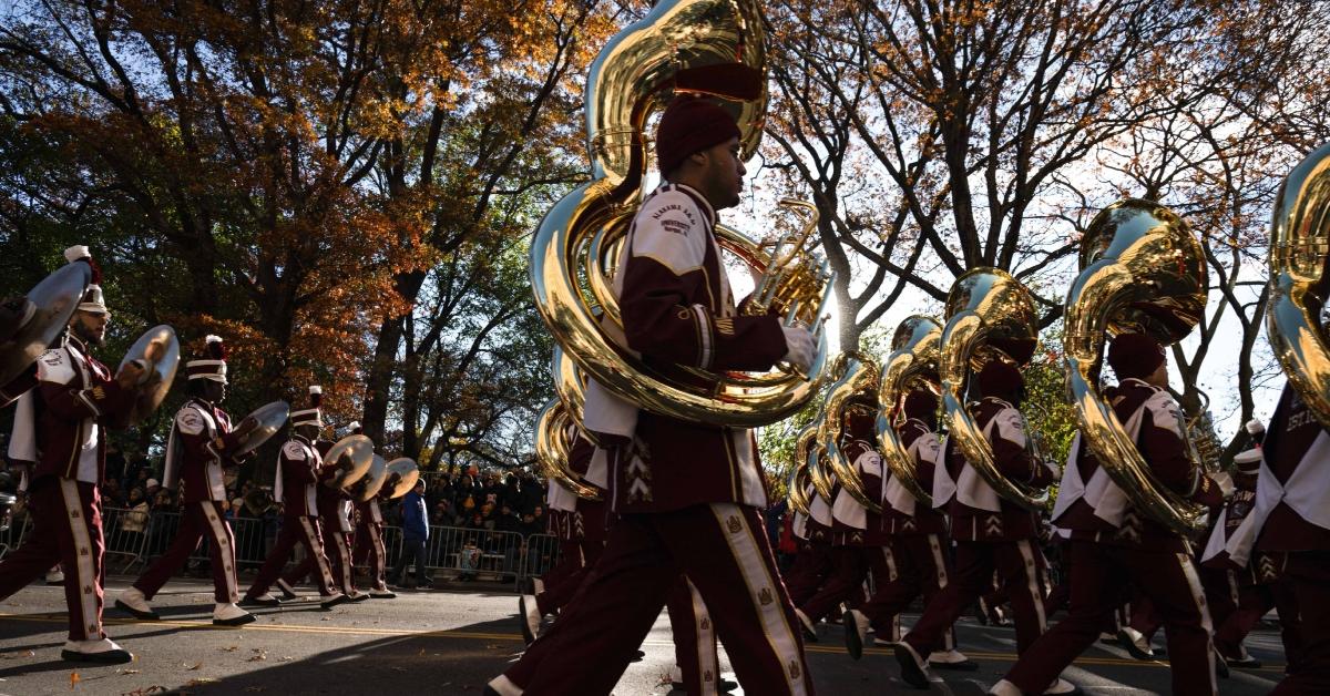 Some of the many band performers march along the annual Macy's Thanksgiving Day Parade.