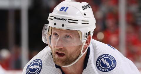 Steven Stamkos #91 of the Tampa Bay Lightning prepares for a face-off against the Florida Panthers in Game Five of the First Round of the 2024 Stanley Cup Playoffs at the Amerant Bank Arena on April 29, 2024 in Sunrise, Florida. (Photo by Joel Auerbach/Getty Images)