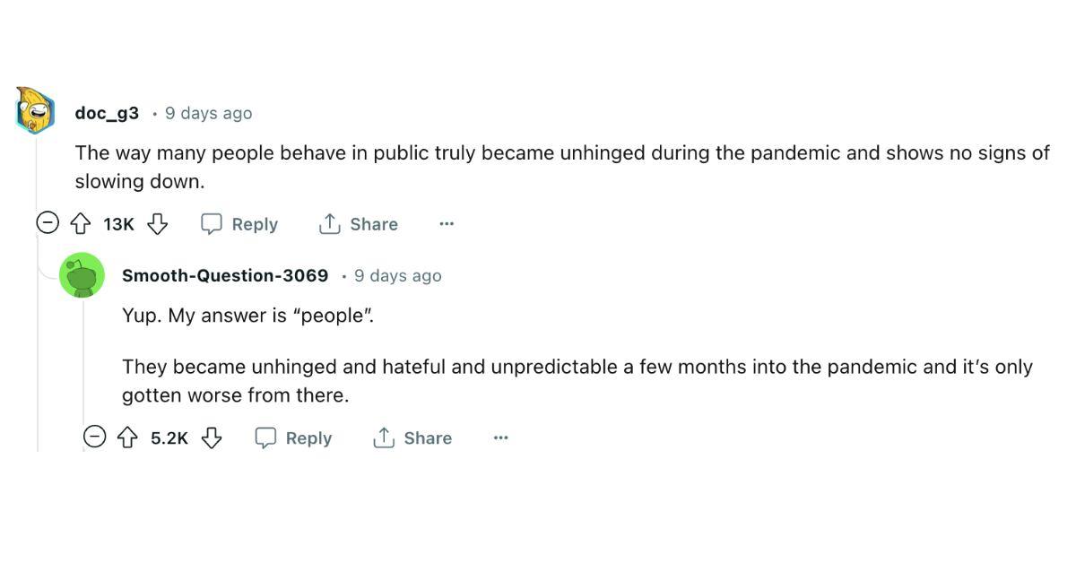 A commenter saying that the way people behave in public became unhinged and isn't slowing down