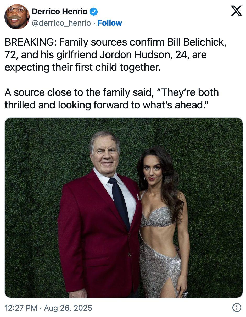 Source claims Bill Belichick and Jordan Hudson are expecting a child.