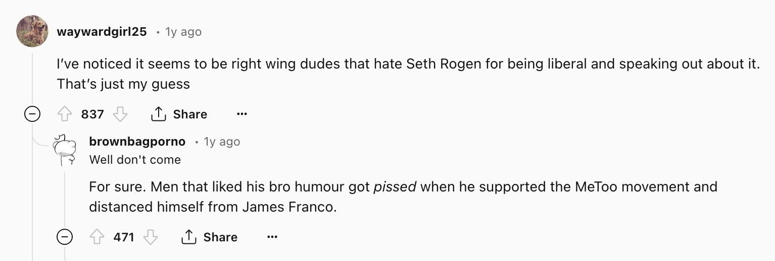 Reddit comments about why people hate Seth Rogan