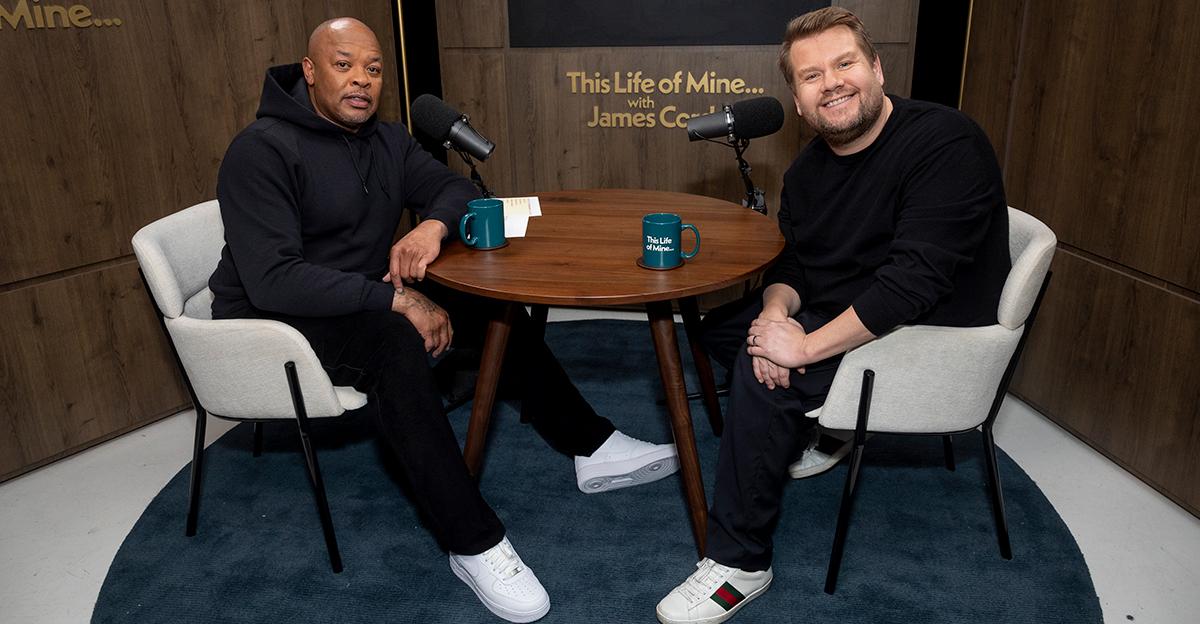 (l-r) Dr. Dre and James Corden in 2024