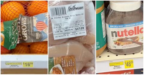 A woman shows how expensive grocery prices are in the Arctic