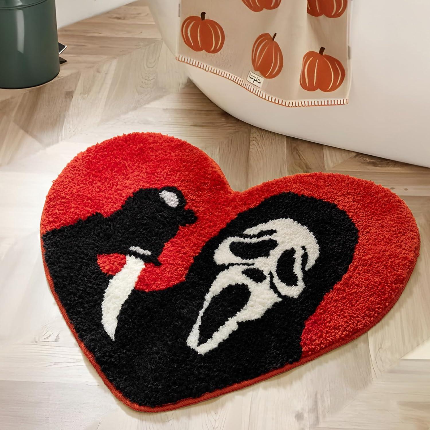 A heart bathmat with ghostface in it