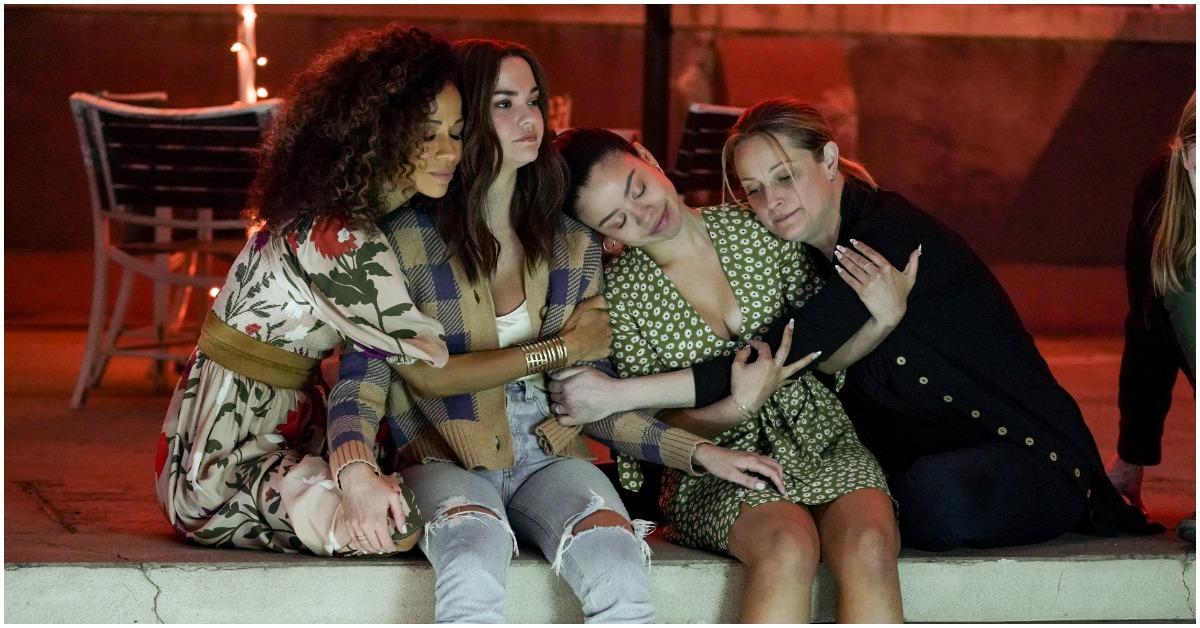 (l-r): Sherri Saum, Maia Mitchell, Cierra Ramirez, and Teri Polo hugging during a scene of 'Good Trouble.'