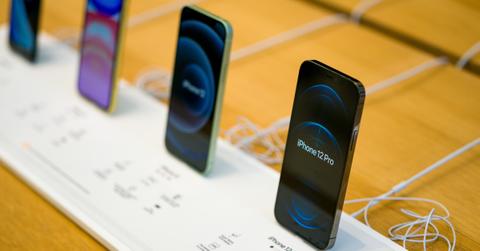 A row of iPhones on display.