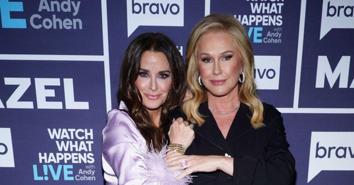 (l-r): Kyle Richards and Kathy Hilton posing together at 'Watch What Happens Live' 