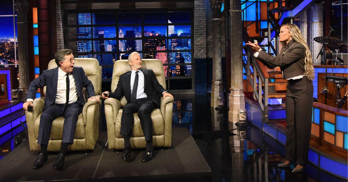 Jon Stewart and Stephen Colbert sitting in recliners on 'The Late Show.'