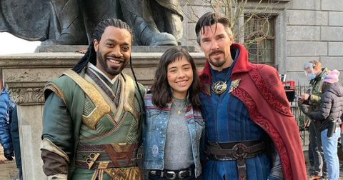 Xochitl Gomez with two of her Marvel costars