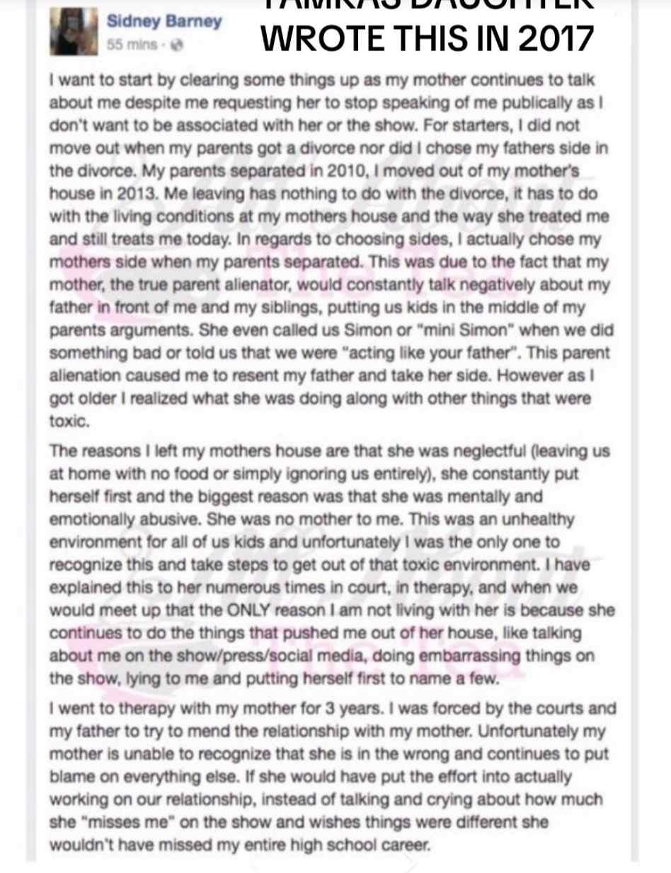 tamra judge daughter sidney facebook post 2017 about estrangement from her mom