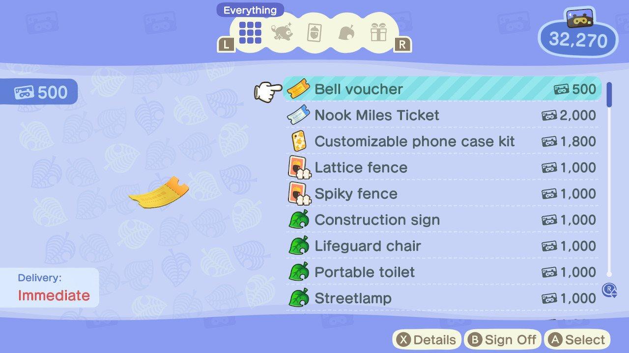 nook miles menu