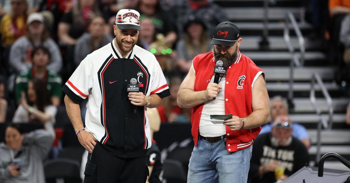 Travis Kelce and Jason Kelce at the 'New Heights Live' show at the University of Cincinnati in April 2024.