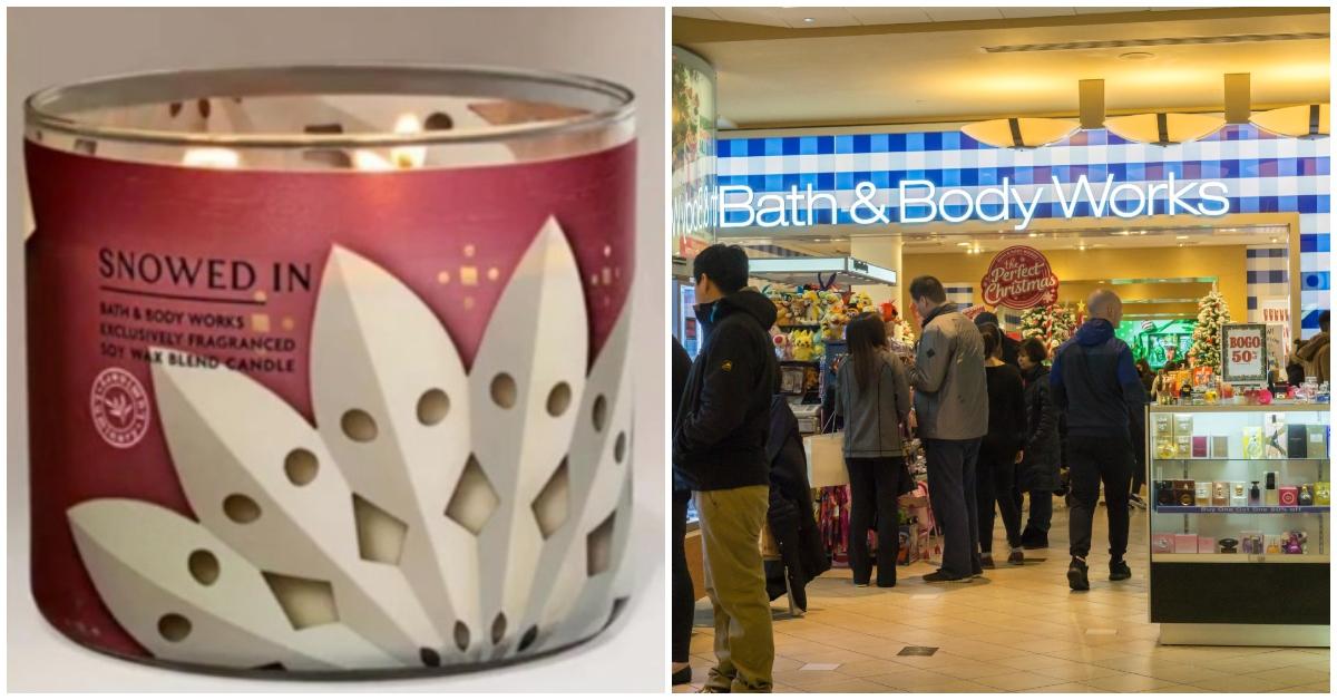 (l-r): Bath & Body Works' snowfall candle, a Bath and Body Works location