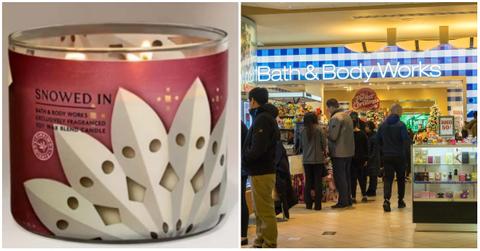 (l-r): Bath & Body Works' snowfall candle, a Bath and Body Works location