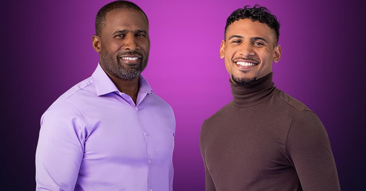 Stacy and Miles from MILF Manor in front of a purple background