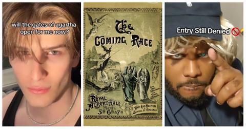 TikTok users discuss "Agartha" plus an advertisement for "The Coming Race" bazaar