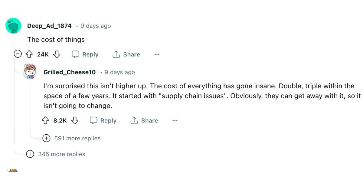 A commenter saying that the "cost of things" hasn't gone back to normal