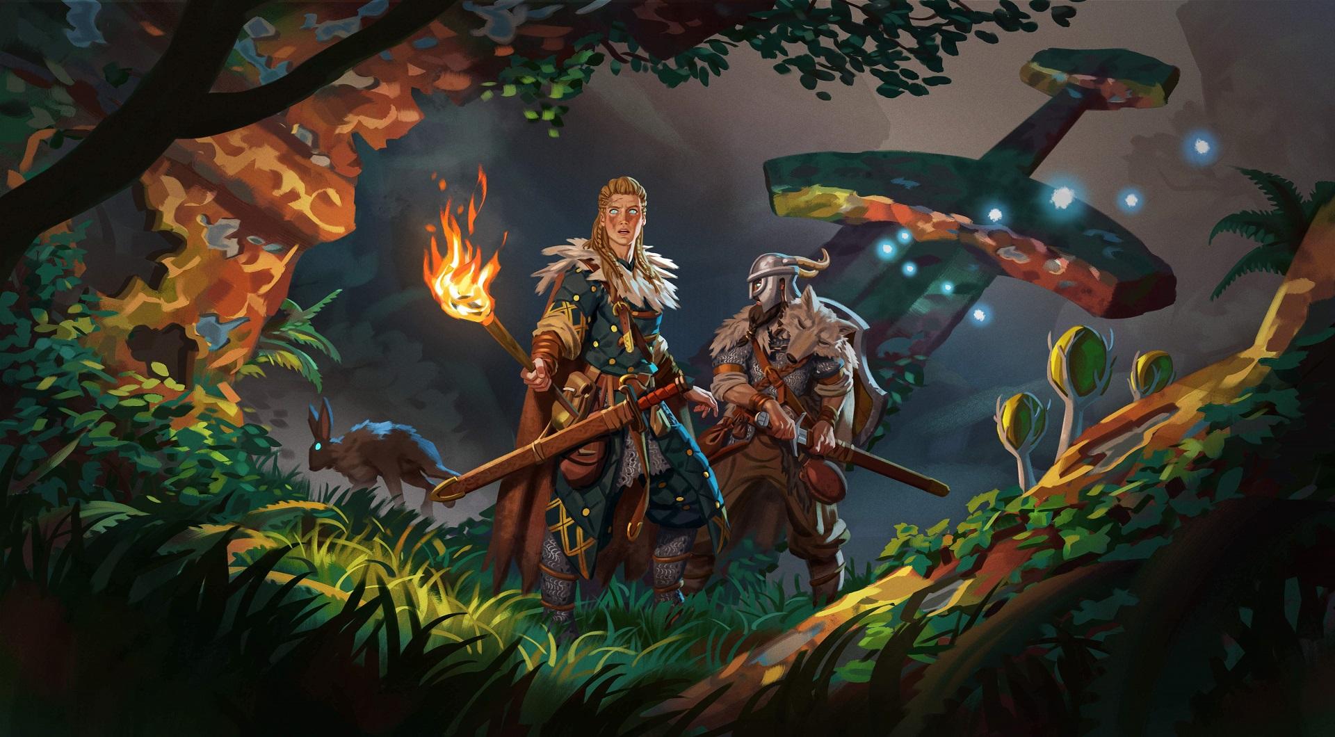 'Valheim' promo art showing two characters exploring a dark forest.