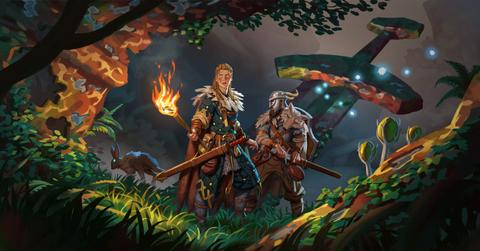 'Valheim' promo art showing two characters exploring a dark forest.