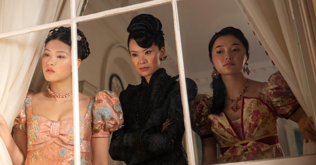 (l-r): Isabella Wei as Posy Li, Katie Leung as Lady Araminta Gun, Michelle Mao as Rosamund Li in episode 402 of Bridgerton. 