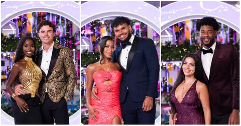 (l-r): Olandria Carthen, Nic Vansteenberghe, Amaya Espinal and Bryan Arenelas, Huda Mustafa and Chris Seeley at the 'Love Island USA' Season 7 finale