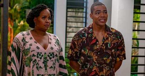 Belinda and her son looking concerned in Season 3 of 'The White Lotus'.