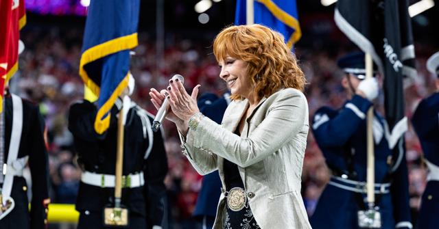 Reba McEntire performing at the 2024 Super Bowl