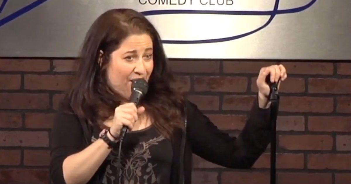 Poppi Kramer doing stand-up comedy.